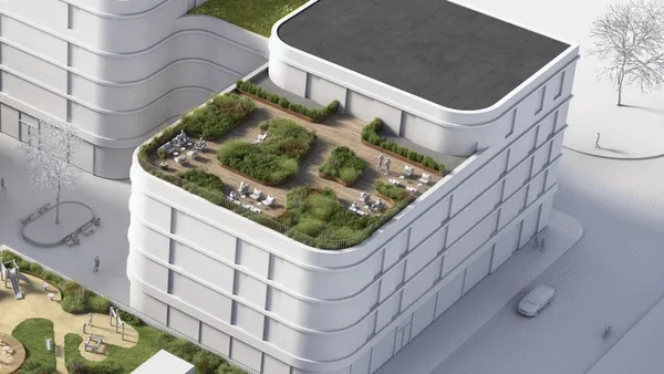 A gif that zooms in onto a roof with sedum to show the technical build up in a cut through image