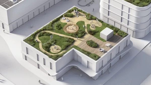 En takterrasse hvor vi zoomer inn på detaljene i oppbyggingen
