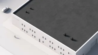 An architect model of an industrial building with a renovated roof using a 2-layer membrane solution