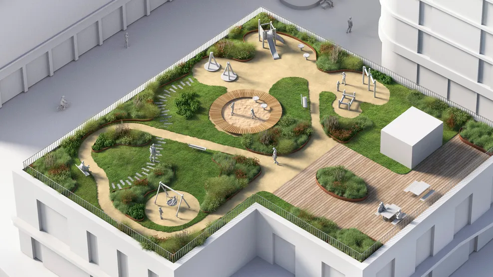 An architect model of a building with a terrace roof that has a playground and green areas for restitution