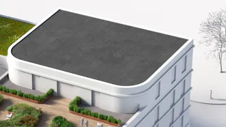 En hvit arkitektmodell av en bygning med en terasse og et tak med universal takbelegg