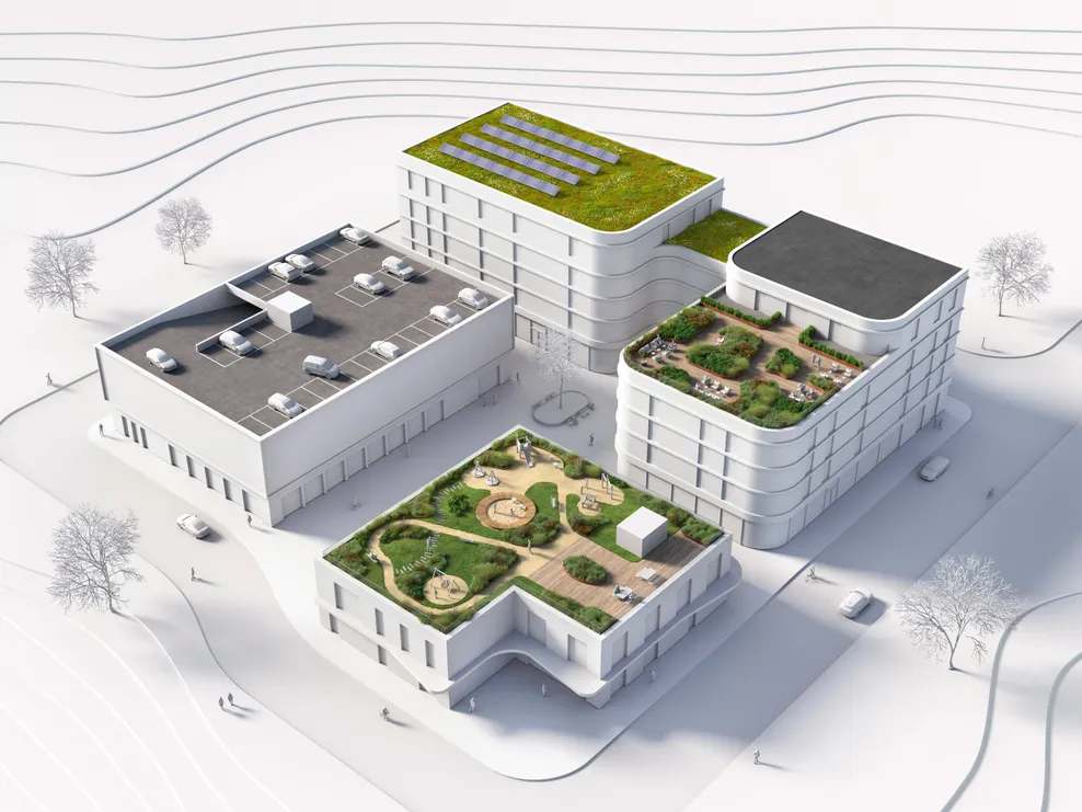 an architects model of a living area with different types of roof solutions, like a terrace, green roof, solar and sedum.